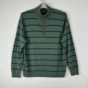 UNTUCKIT MEN'S 1/4 ZIP MERINO WOOL GREEN w/BLUE STRIPES PULLOVER SWEATER SIZE XL